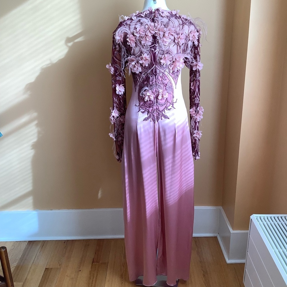 Designer Couture Pink Silk Jumpsuit Floral Appliqué Size Small - Picture 6 of 16